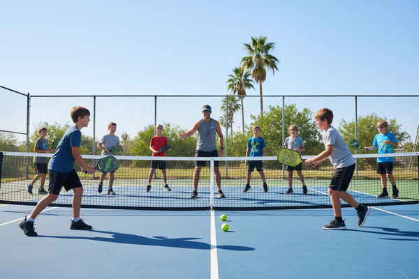 boys 10-13 in a group class for pickleball