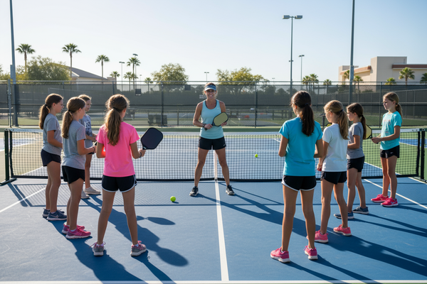 girls 10-13 getting coached in a pickleball class