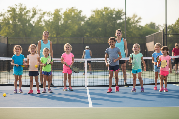 girls age 6-9 playing pickleball in a group class