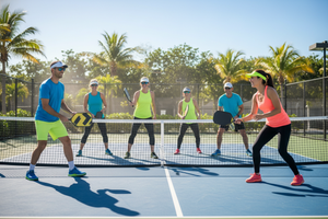 group of  people playing pickleball