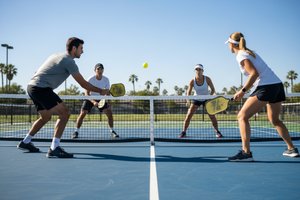 people dinking and volleying from either side of the net to each other playing pickleball